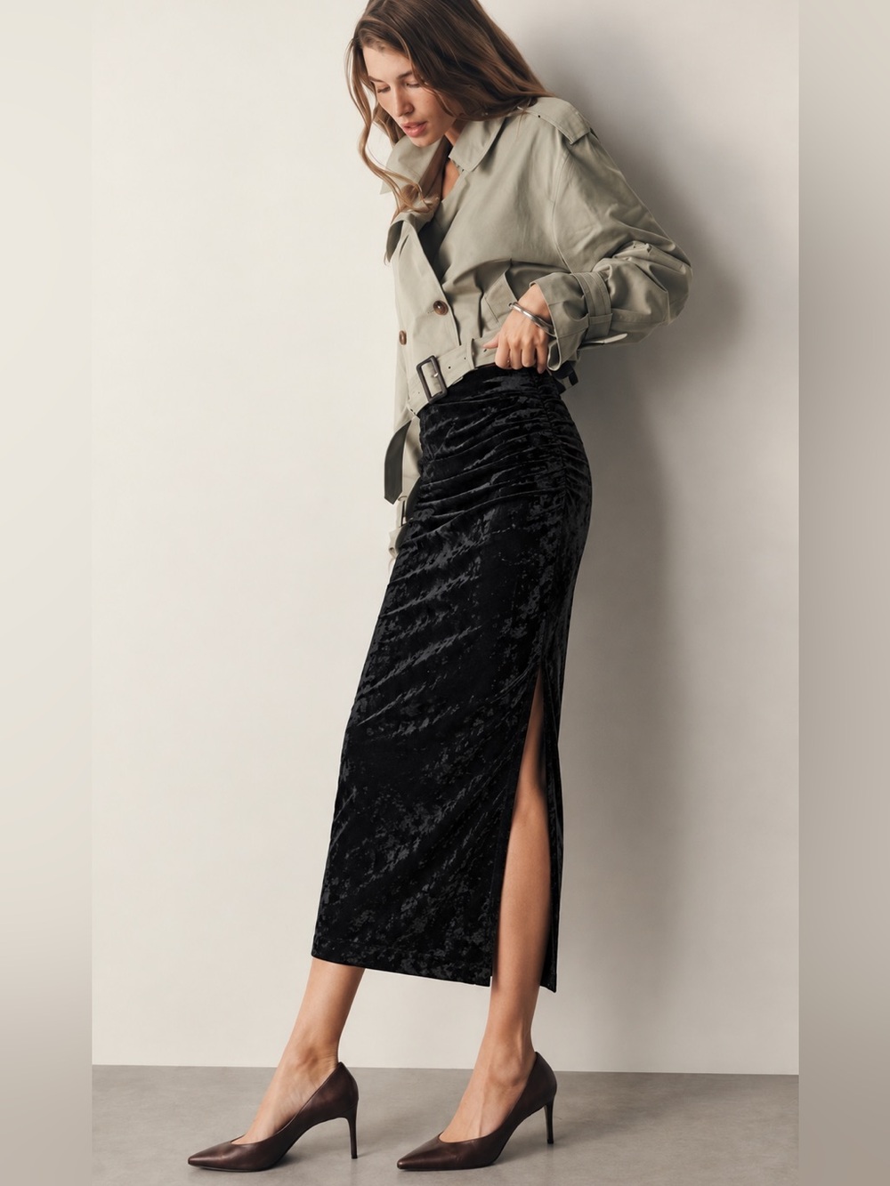 NWT Antonio Melani Mischa Flocked Mesh Ruched Side Maxi Skirt Black Size 0
